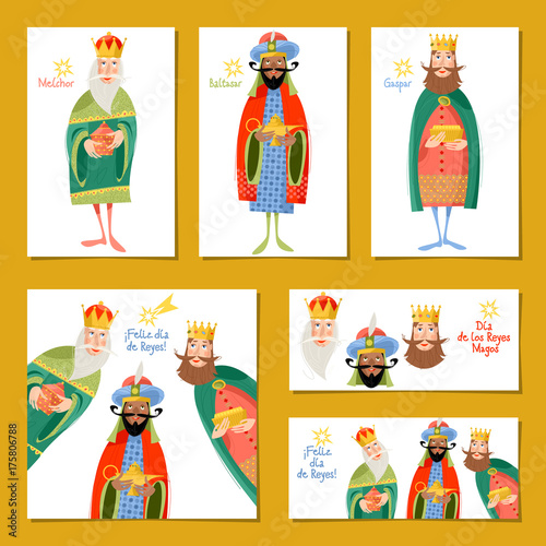 Set of 6 universal Christmas greeting cards with three Kings. Feliz dia de reyes! (Happy Three Kings Day!) photo