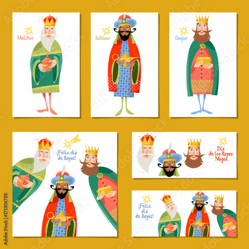 Set of 6 universal Christmas greeting cards with three Kings. Feliz dia de reyes! (Happy Three Kings Day!)