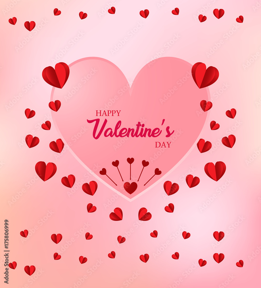 Valentine's day abstract background with pink paper hearts. Valentines day with paper cut red heart shape balloon flying and hearts decorations in white background. Vector illustration.