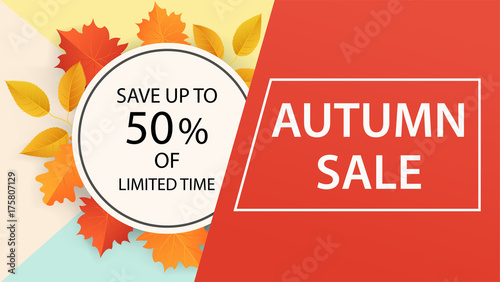 Autumn sale banner design from leaves with discount label.