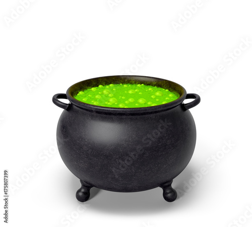 Cauldron with green magic boiling charmful bubble potion or fairy witching toxic poison soup. Object for Halloween, horror or fantastic themes photo
