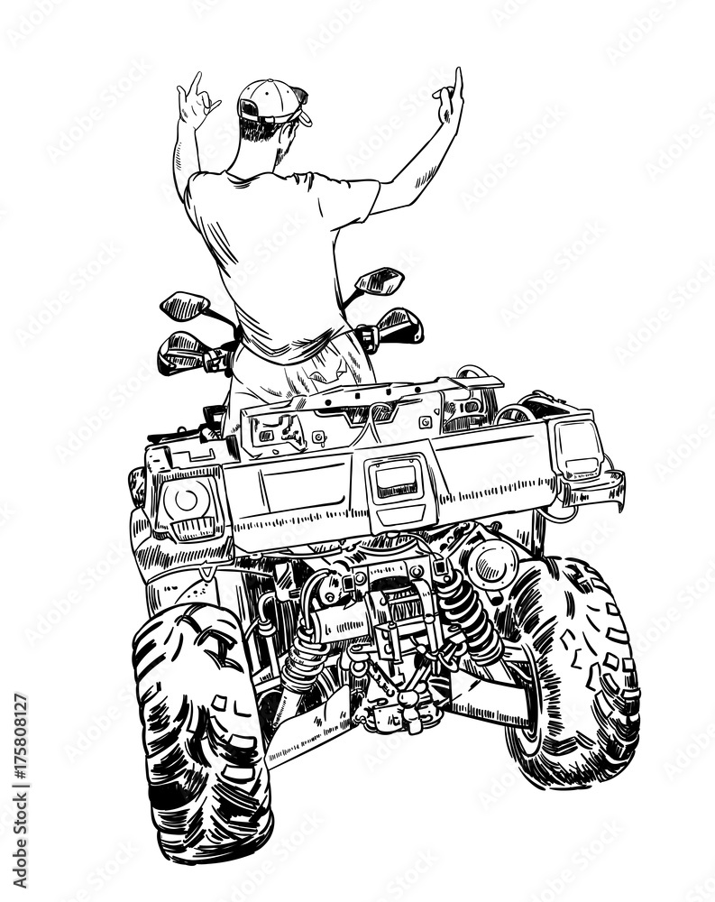 Sketch vector illustration, quad bike silhouette, ATV logo design on a