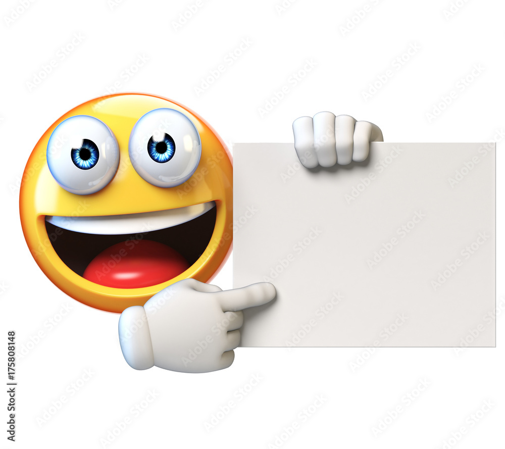 Emoji holding blank board isolated on white background, emoticon