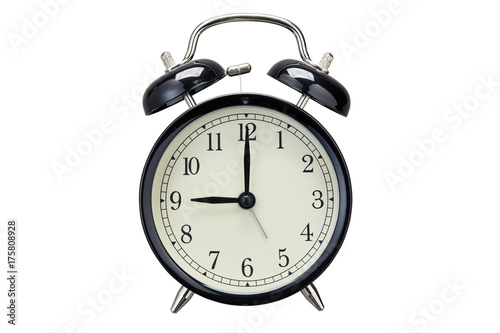 Alarm clock shows half past twelve isolated on white background