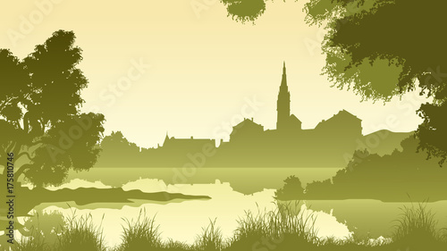 Horizontal illustration of lake with trees and village.
