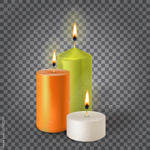 3d set realistic paraffin candles isolated on transparent backgr