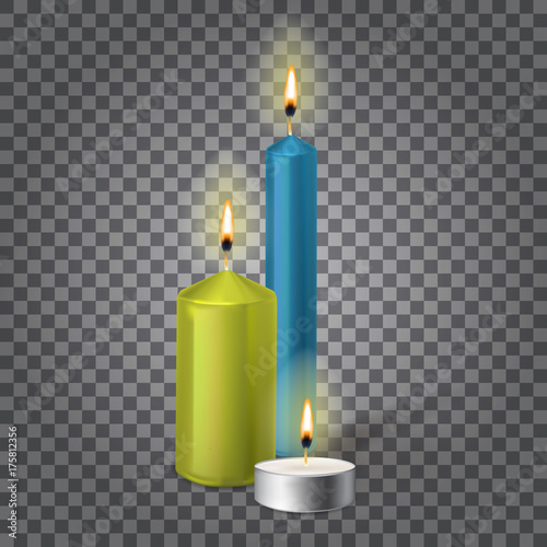 3d set realistic paraffin candles isolated on transparent backgr