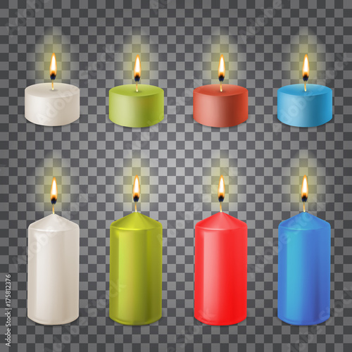 3d set realistic paraffin candles isolated on transparent backgr