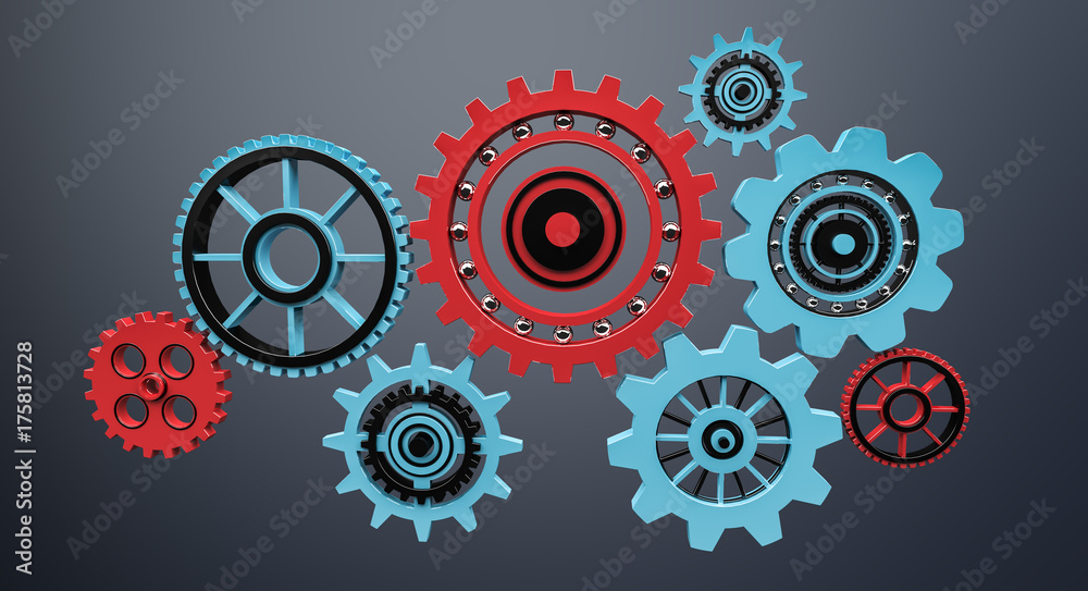 Floating blue and red gear icons 3D rendering