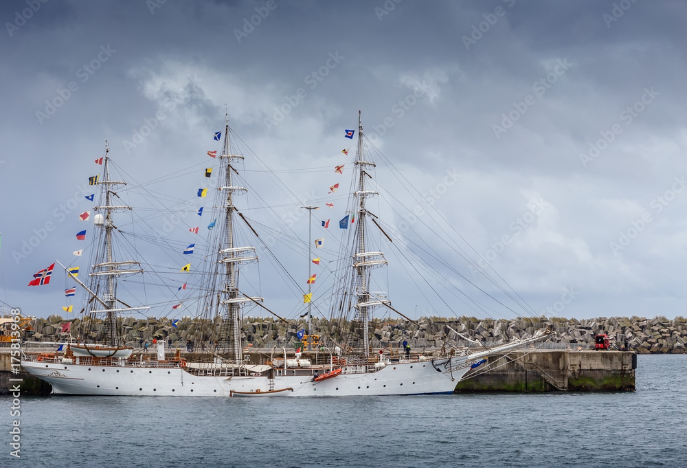 Ancient sailboats moored in port Sines, Portugal