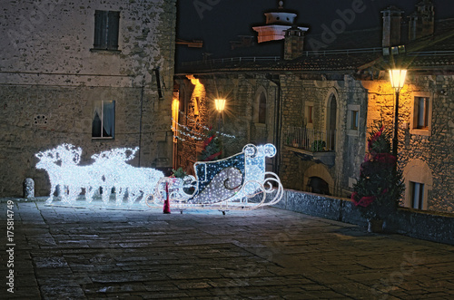 Decoration for Christmas and New Year celebration. Sculpture from lanterns of deer and sled for Santa Claus. San Marino