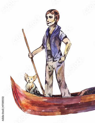 gondolier with a dog, watercolor drawing isolated on white