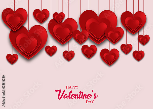 Valentine's day abstract background with red paper hearts. Valentines day with paper cut red heart shape balloon flying and hearts decorations in white background. Vector illustration.