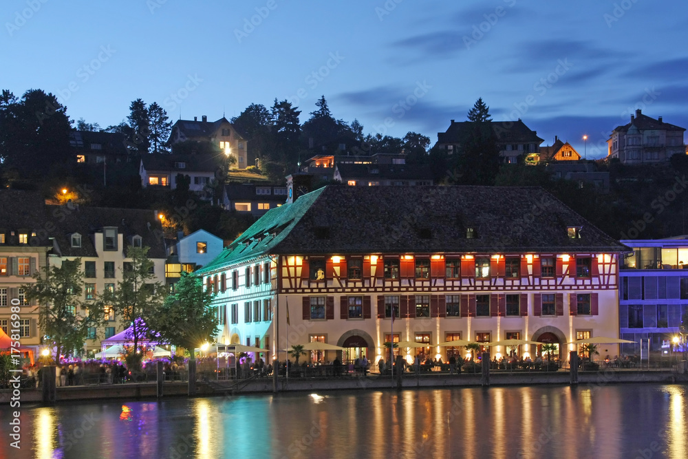 Swiss old town Schaffhausen with colorful illumination in the evening