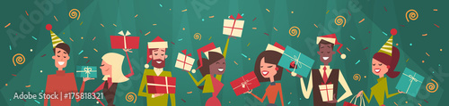 People Celebrate Merry Christmas And Happy New Year Men And Women Wear Santa Hats Holiday Eve Party Concept Flat Vector Illustration