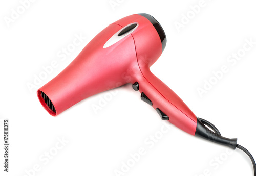 Pink hair dryer isolated on white background