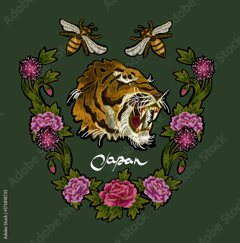 Tiger, bee and peony flowers embroidery patches for textile design