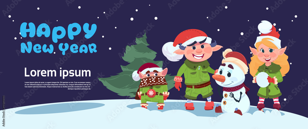 Naklejka premium Cute Elf On Happy New Year Greeting Card Merry Christmas Holiday Concept Flat Vector Illustration