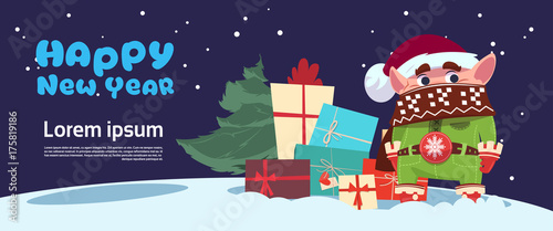 Cute Elf On Happy New Year Greeting Card Merry Christmas Holiday Concept Flat Vector Illustration