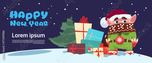 Wallpaper Mural Cute Elf On Happy New Year Greeting Card Merry Christmas Holiday Concept Flat Vector Illustration Torontodigital.ca