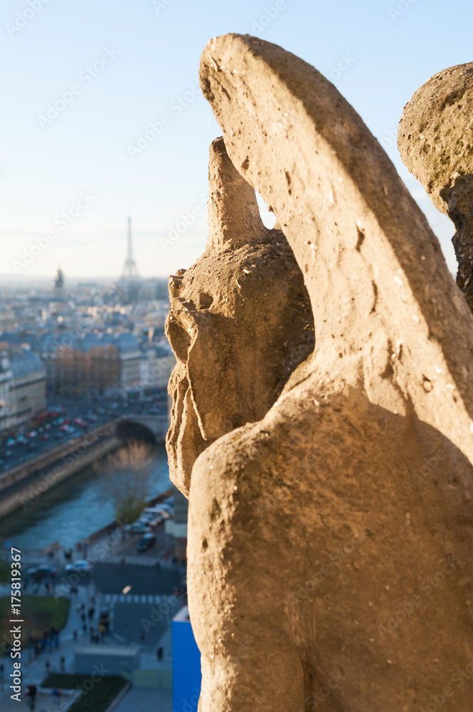 Gargoyle watching Paris skyline on a sunny day, France