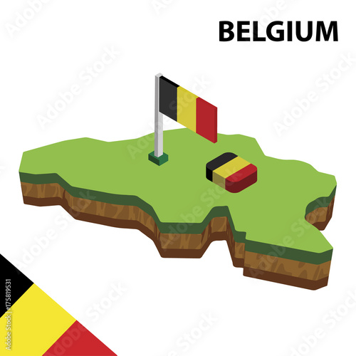 Isometric map and flag of Belgium. 3D isometric Vector Illustration