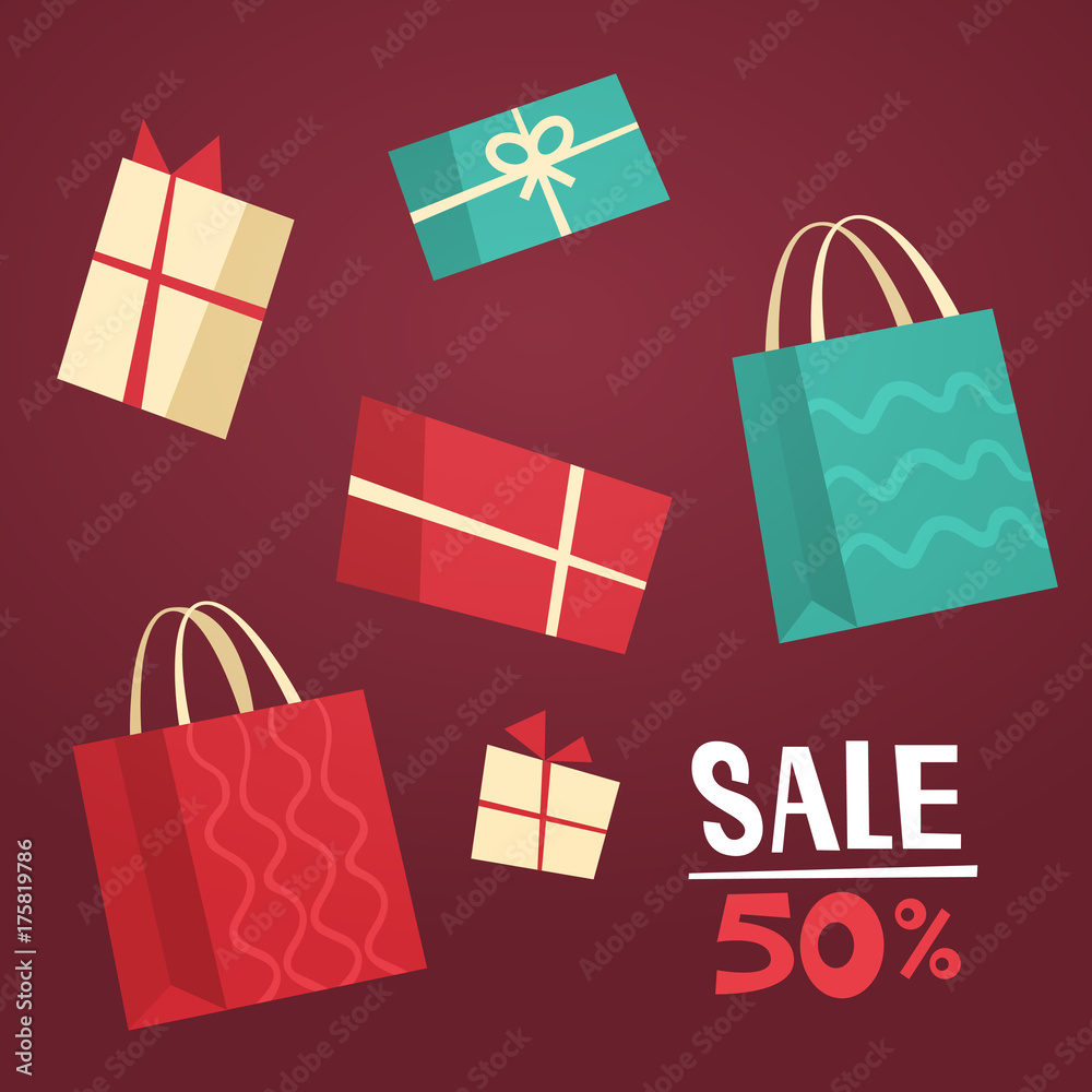 Sale Discount Different Gift Boxes Collection Presents Promotion Holiday Shopping Concept Flat Vector Illustration