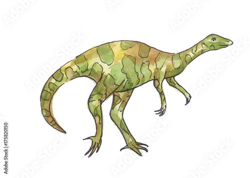 Watercolor illustration of dinosaur. Green allosaurus
