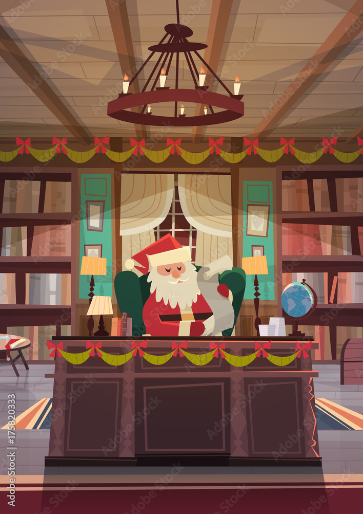 Santa Claus Reading Wish List Sitting At Desk In Christmas And New Year Holidays Office Flat Vector Illustration