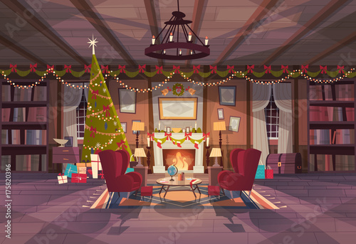 Living Room Decorated For Christmas And New Year, Empty Armchairs Near Pine Tree And Fireplace, Home Interior Decoration Winter Holidays Concept Flat Vector Illustration
