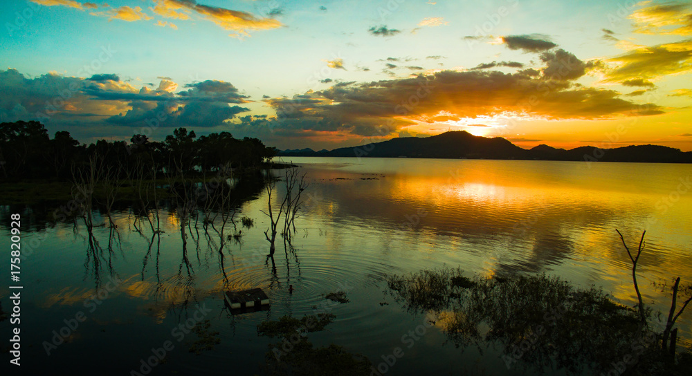 beautiful sunset sky at bang pra water reservoir lake chonburi thailand