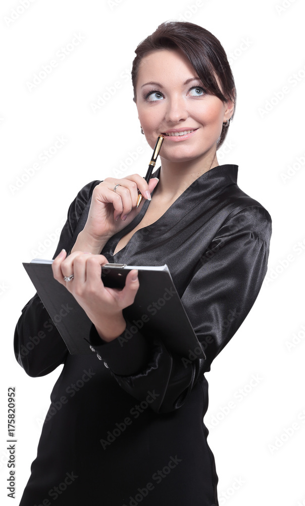 Successful businesswoman making notes posing against white Successful businesswoman making notes posing against white