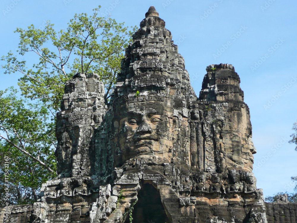Stone faces over the East City Gate, Anglor Wat, Siem Reap, Cambodia