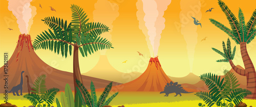 Prehistoric nature landscape - volcanoes, dinosaurs, fern.
