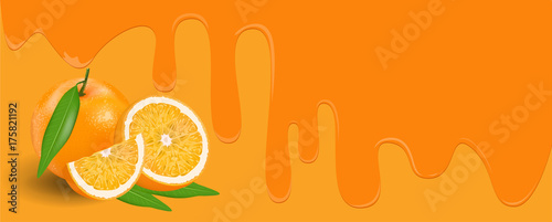 Orange fruit on yellow and orange background, flowing juicy syrup and copy space for text. vector illustration.
