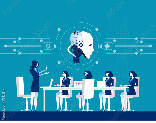Corporate business people meeting for robot technology. Concept business discussion vector illustration. Flat design style.