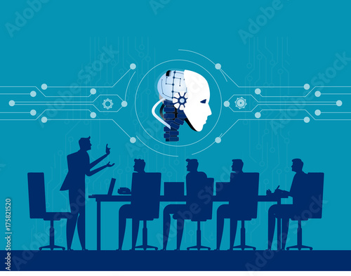 Corporate business people meeting for robot technology. Concept business discussion vector illustration. Flat design style.