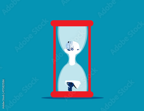 Robot head ageing as pours into bottom of hourglass. Concept business vector illustration.