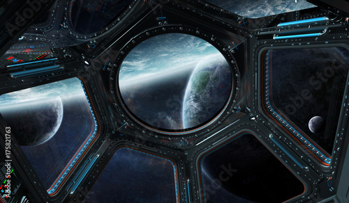 Fototapeta Naklejka Na Ścianę i Meble -  View of outer space from a space station window 3D rendering elements of this image furnished by NASA