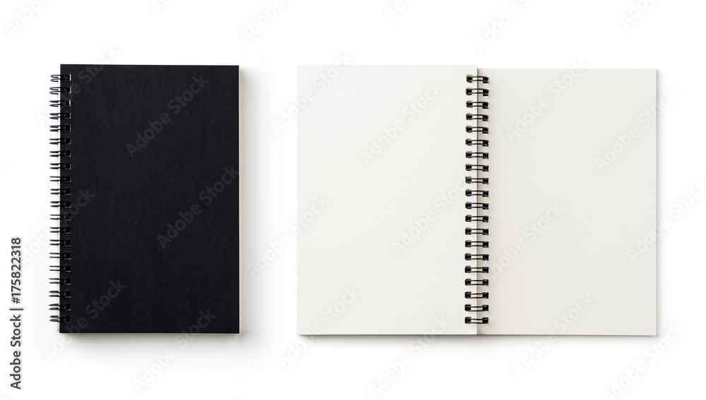 Business concept - Top view collection of black spiral notebook on white background desk for mockup - obrazy, fototapety, plakaty 