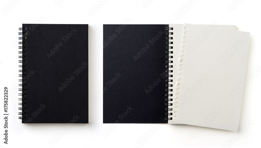 Business concept - Top view collection of black spiral notebook on white background desk for mockup Business concept - Top view collection of black spiral notebook on white background desk for mockup
