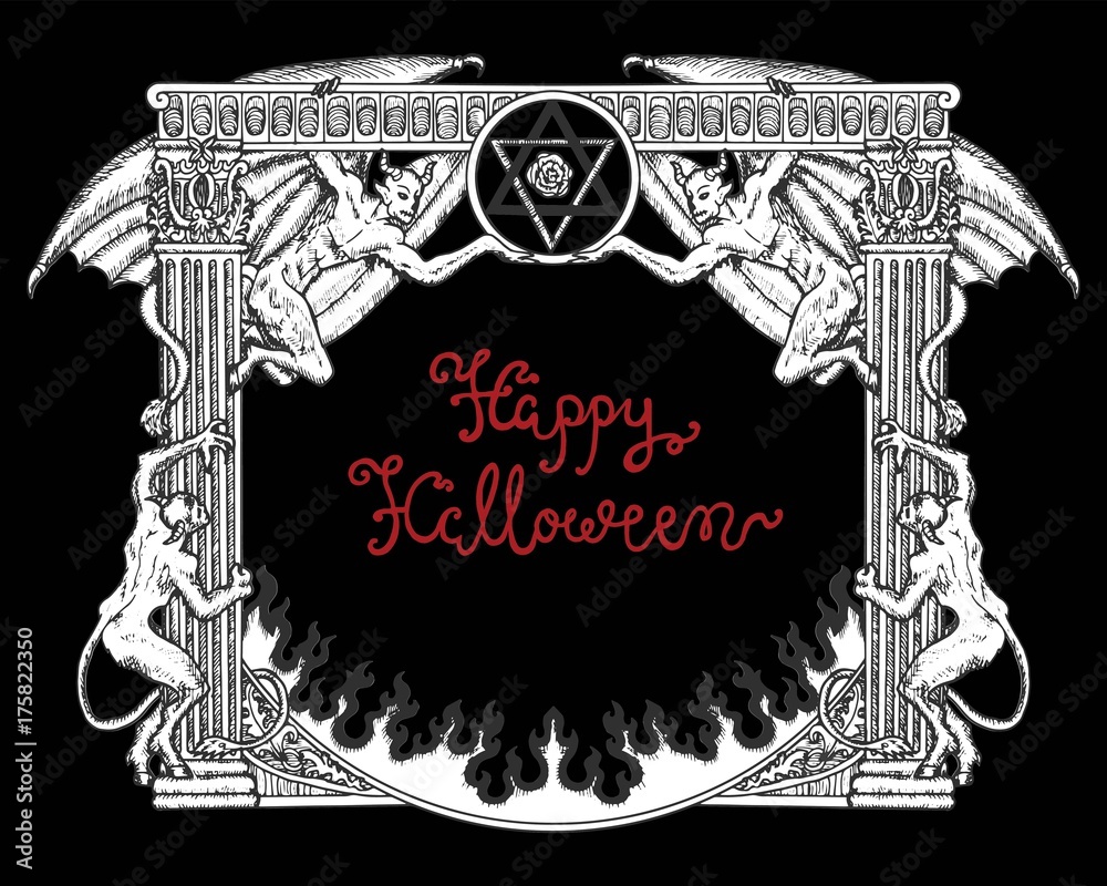 Fototapeta premium Halloween gothic frame with demons on black background.