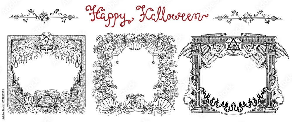 Obraz premium Hand drawn set with halloween frames and lettering on white