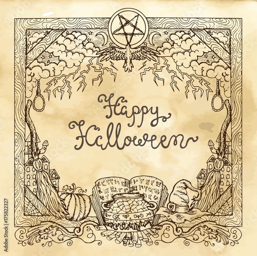 Halloween vector frame with traditional symbols and lettering on textured background