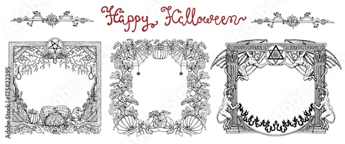 Hand drawn set with halloween frames and lettering on white