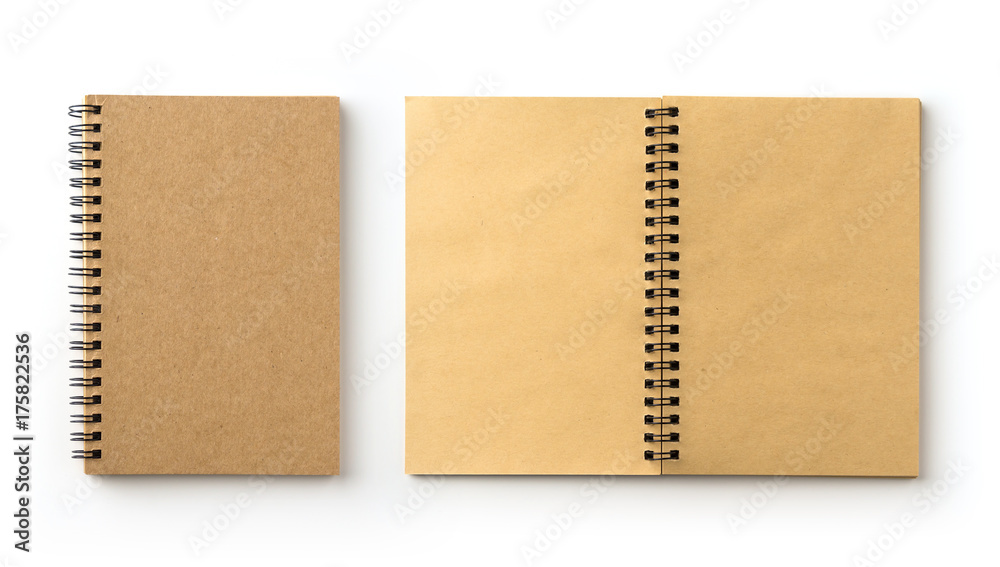 Business concept - Top view collection of spiral kraft notebook on white background desk for mockup Business concept - Top view collection of spiral kraft notebook on white background desk for mockup