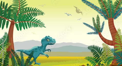 Prehistoric nature landscape - volcanoes, dinosaurs, mountains, fern.