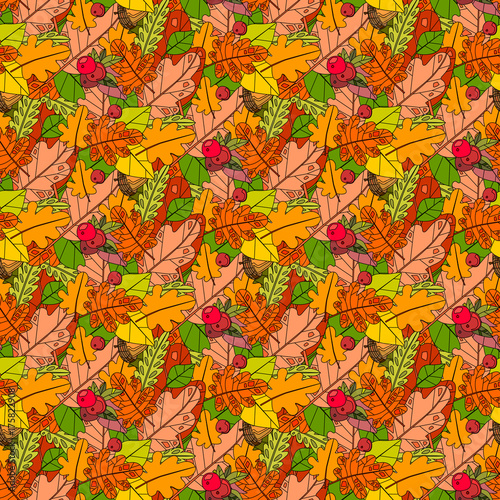 Autumn Seamless Pattern Background Colorful Leaves Ornament Fall Season Flat Vector Illustration