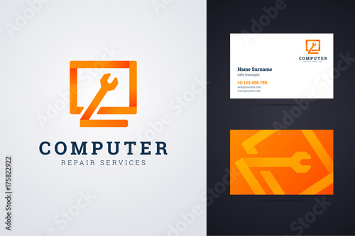 Computer repair service logo and business card template