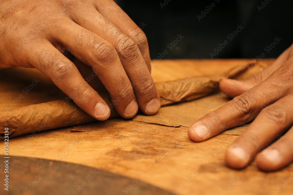 to make a cigar with his hands, sheets for a cigar, handwork